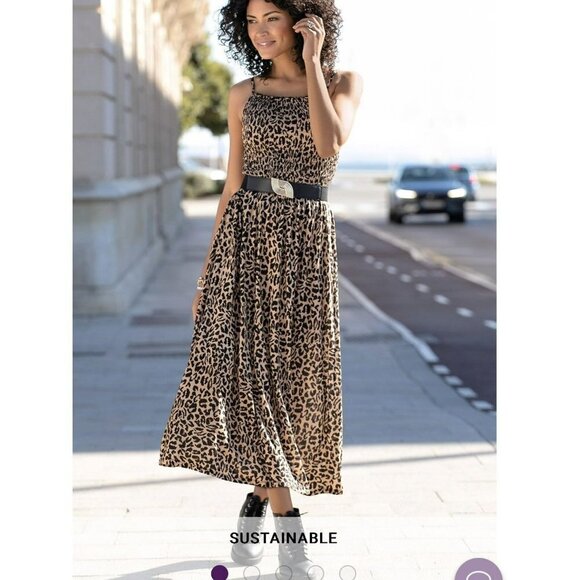 Lascana Leopard Print Midi Dress Lightweight Smocked Spaghetti Straps Size 4 - Picture 3 of 11